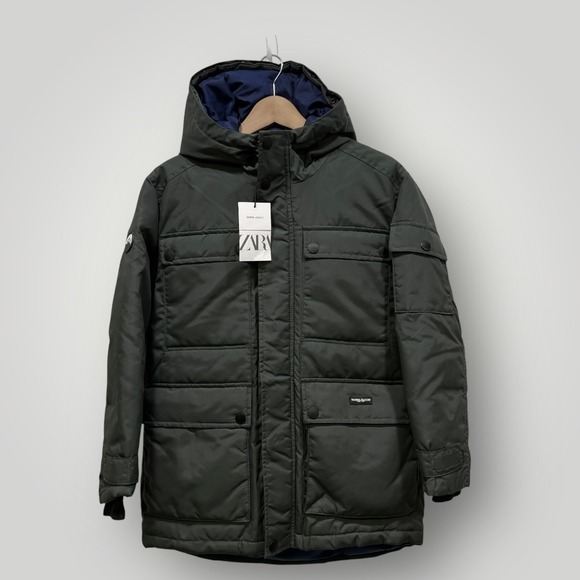 Zara Boys Down Jacket Olive Green Hooded Puffer Parka Coat Size 11-12 152 NWT